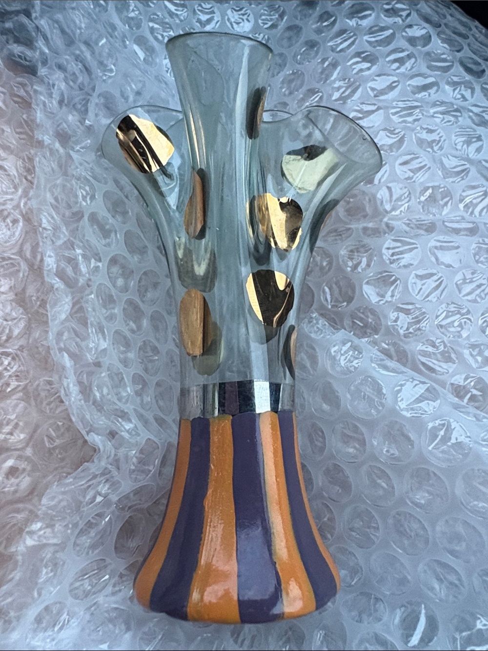 Hand-Blown Glass Bud Vase in Purple, Orange and Gold Accents